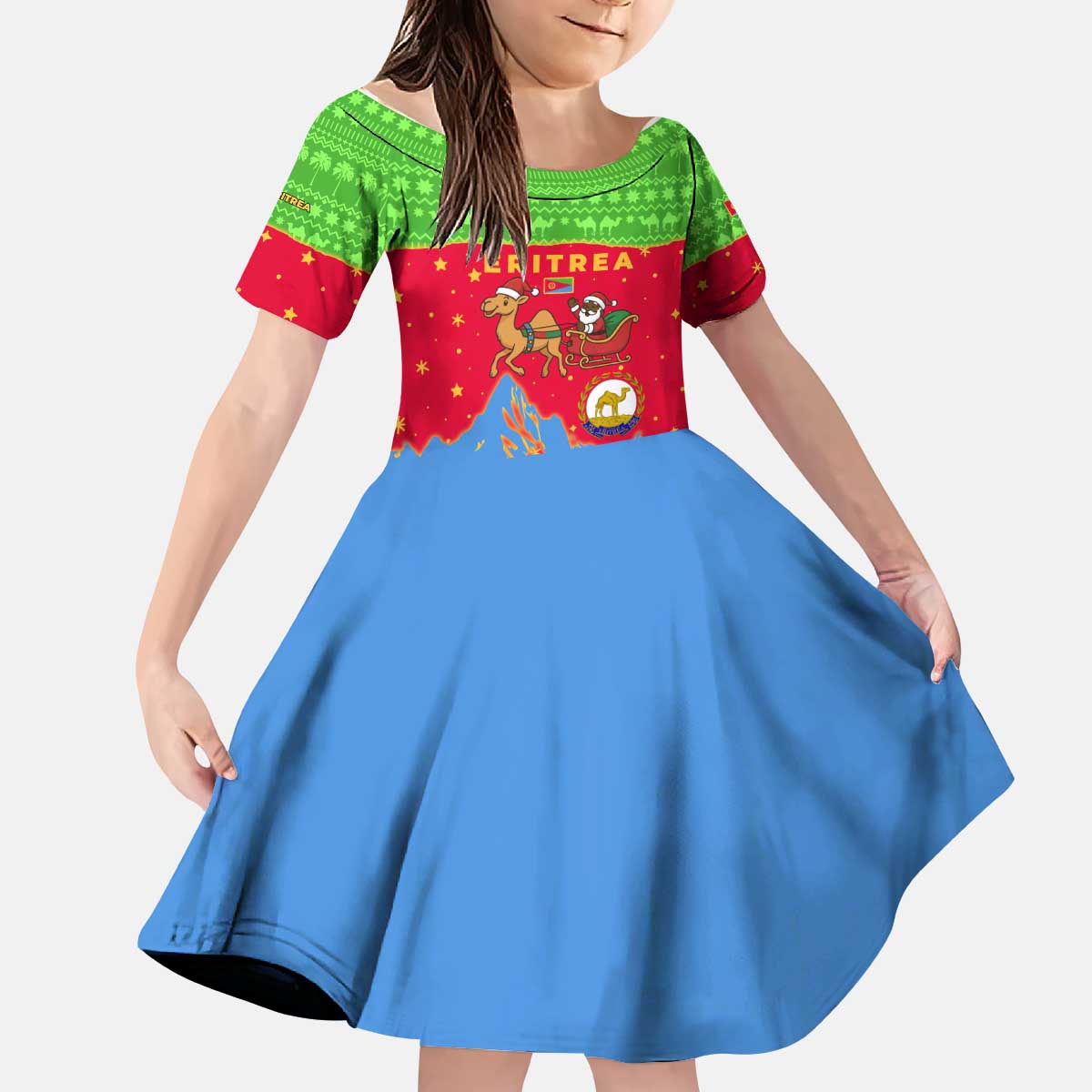 Eritrea Christmas Kid Short Sleeve Dress with Santa Claus Camel Sleigh National Emblem and Red Green Blue Pattern - Wonder Print Shop