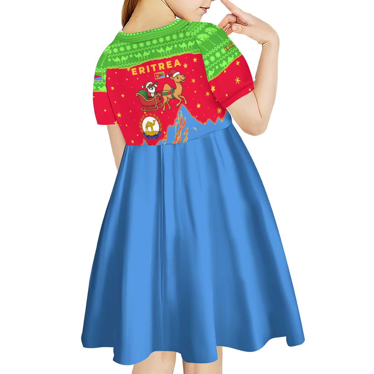 Eritrea Christmas Kid Short Sleeve Dress with Santa Claus Camel Sleigh National Emblem and Red Green Blue Pattern - Wonder Print Shop