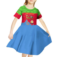 Eritrea Christmas Kid Short Sleeve Dress with Santa Claus Camel Sleigh National Emblem and Red Green Blue Pattern - Wonder Print Shop