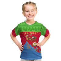 Eritrea Christmas Kid T Shirt with Santa Claus Camel Sleigh National Emblem and Red Green Blue Pattern - Wonder Print Shop