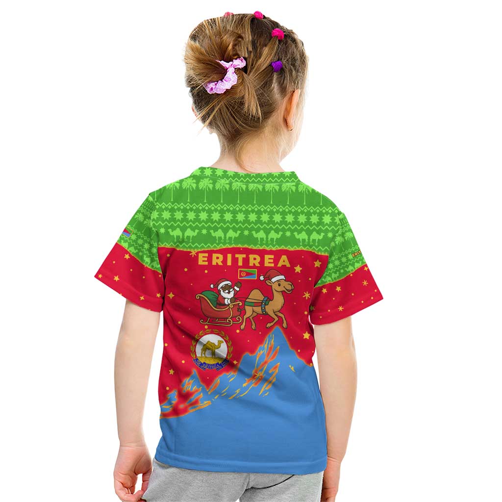 Eritrea Christmas Kid T Shirt with Santa Claus Camel Sleigh National Emblem and Red Green Blue Pattern - Wonder Print Shop