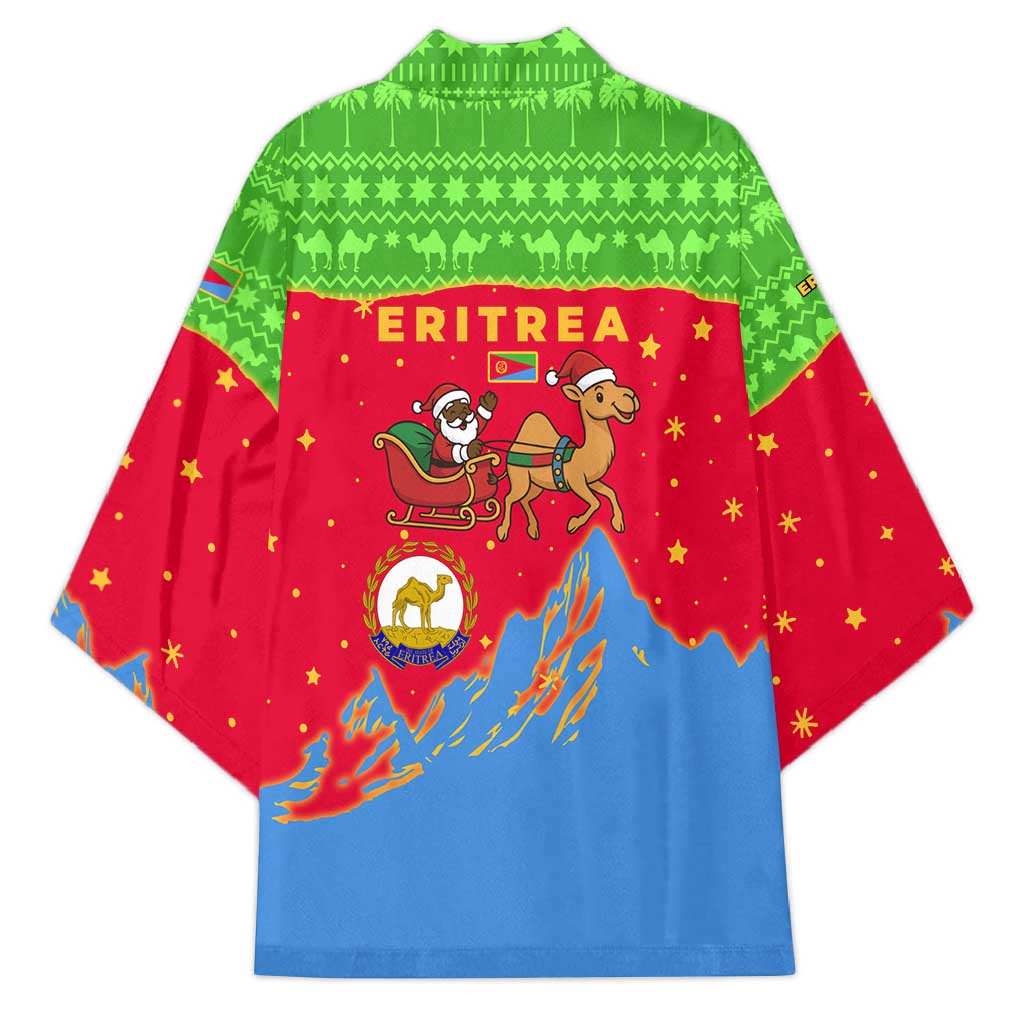 Eritrea Christmas Kimono with Santa Claus Camel Sleigh National Emblem and Red Green Blue Pattern - Wonder Print Shop