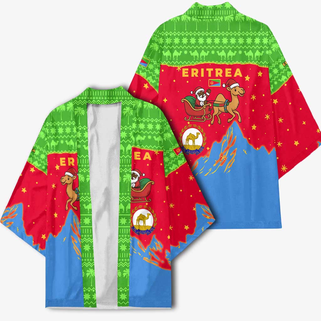 Eritrea Christmas Kimono with Santa Claus Camel Sleigh National Emblem and Red Green Blue Pattern - Wonder Print Shop