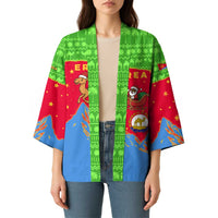 Eritrea Christmas Kimono with Santa Claus Camel Sleigh National Emblem and Red Green Blue Pattern - Wonder Print Shop