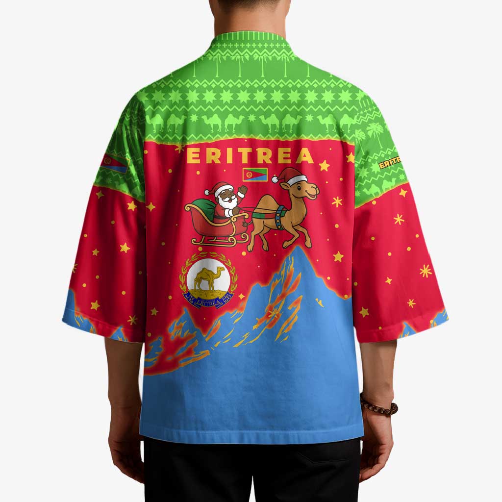 Eritrea Christmas Kimono with Santa Claus Camel Sleigh National Emblem and Red Green Blue Pattern - Wonder Print Shop