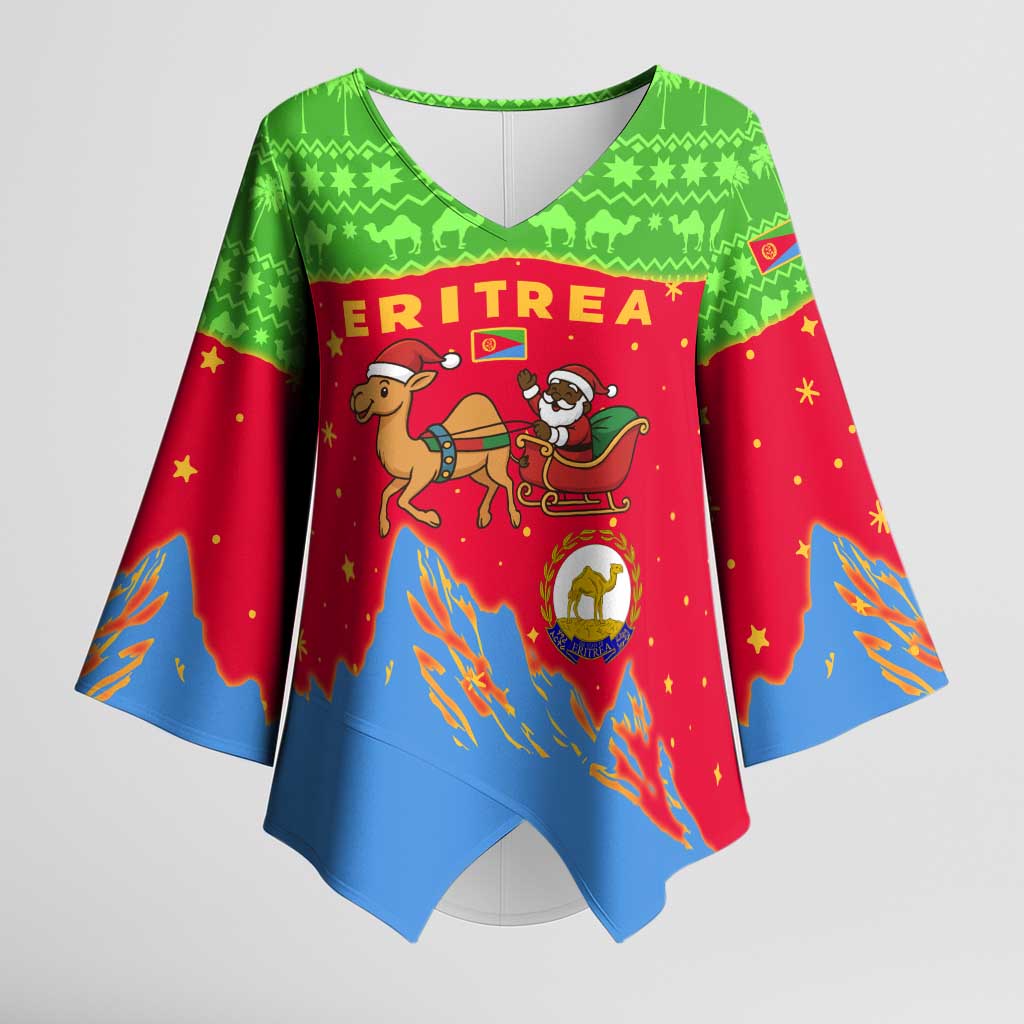 Eritrea Christmas Kimono Sleeve Blouse with Santa Claus Camel Sleigh National Emblem and Red Green Blue Pattern - Wonder Print Shop