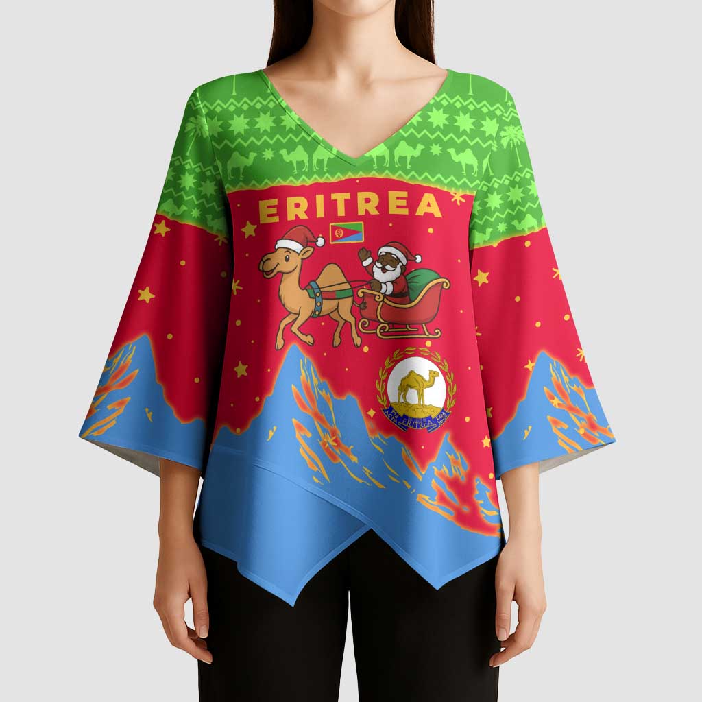 Eritrea Christmas Kimono Sleeve Blouse with Santa Claus Camel Sleigh National Emblem and Red Green Blue Pattern - Wonder Print Shop
