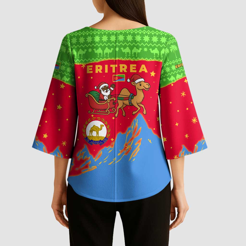 Eritrea Christmas Kimono Sleeve Blouse with Santa Claus Camel Sleigh National Emblem and Red Green Blue Pattern - Wonder Print Shop