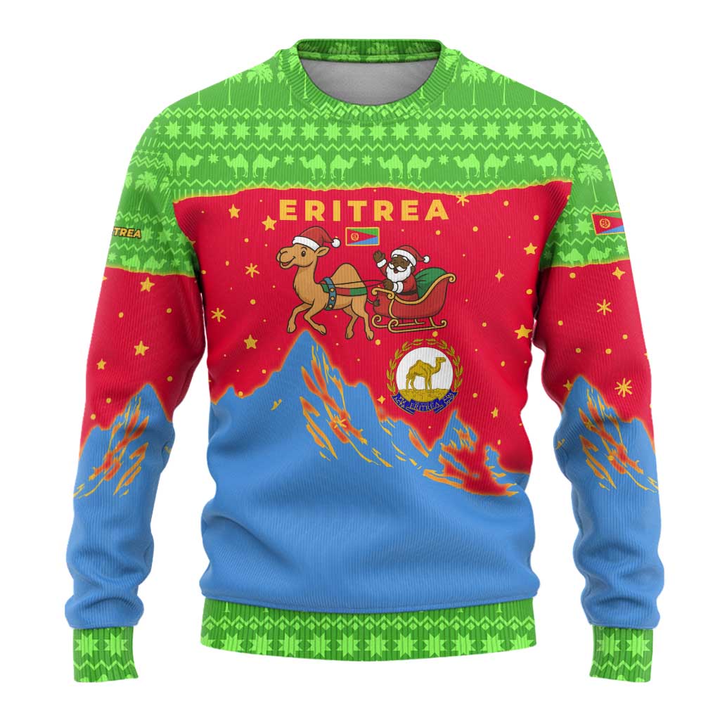 Eritrea Christmas Ugly Christmas Sweater with Santa Claus Camel Sleigh National Emblem and Red Green Blue Pattern - Wonder Print Shop