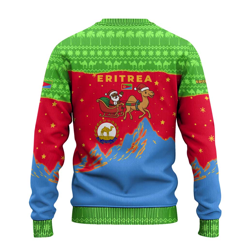 Eritrea Christmas Ugly Christmas Sweater with Santa Claus Camel Sleigh National Emblem and Red Green Blue Pattern - Wonder Print Shop