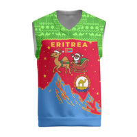Eritrea Christmas Knitted V-Neck Vest with Santa Claus Camel Sleigh National Emblem and Red Green Blue Pattern - Wonder Print Shop