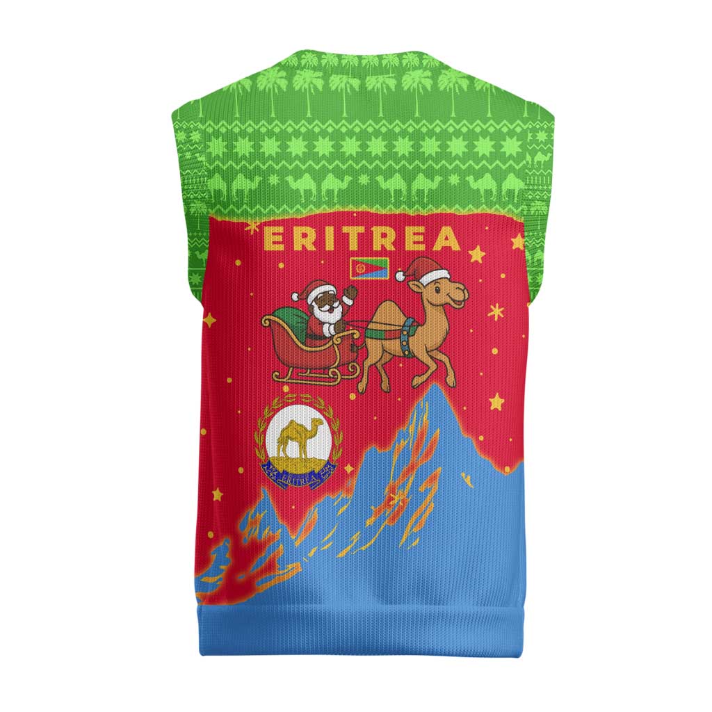 Eritrea Christmas Knitted V-Neck Vest with Santa Claus Camel Sleigh National Emblem and Red Green Blue Pattern - Wonder Print Shop