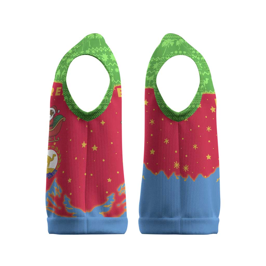 Eritrea Christmas Knitted V-Neck Vest with Santa Claus Camel Sleigh National Emblem and Red Green Blue Pattern - Wonder Print Shop
