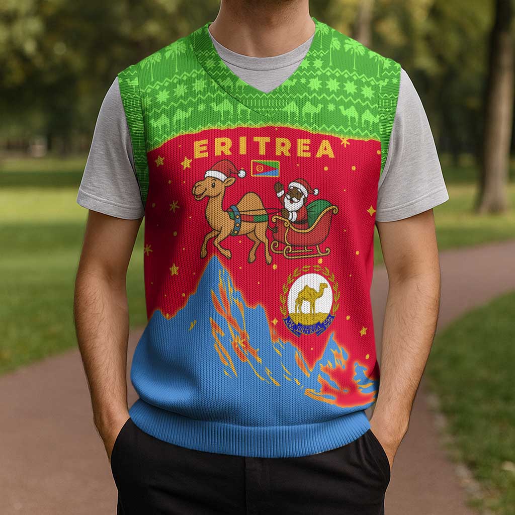 Eritrea Christmas Knitted V-Neck Vest with Santa Claus Camel Sleigh National Emblem and Red Green Blue Pattern - Wonder Print Shop
