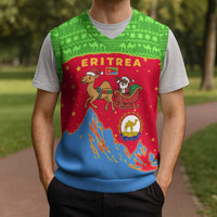 Eritrea Christmas Knitted V-Neck Vest with Santa Claus Camel Sleigh National Emblem and Red Green Blue Pattern - Wonder Print Shop
