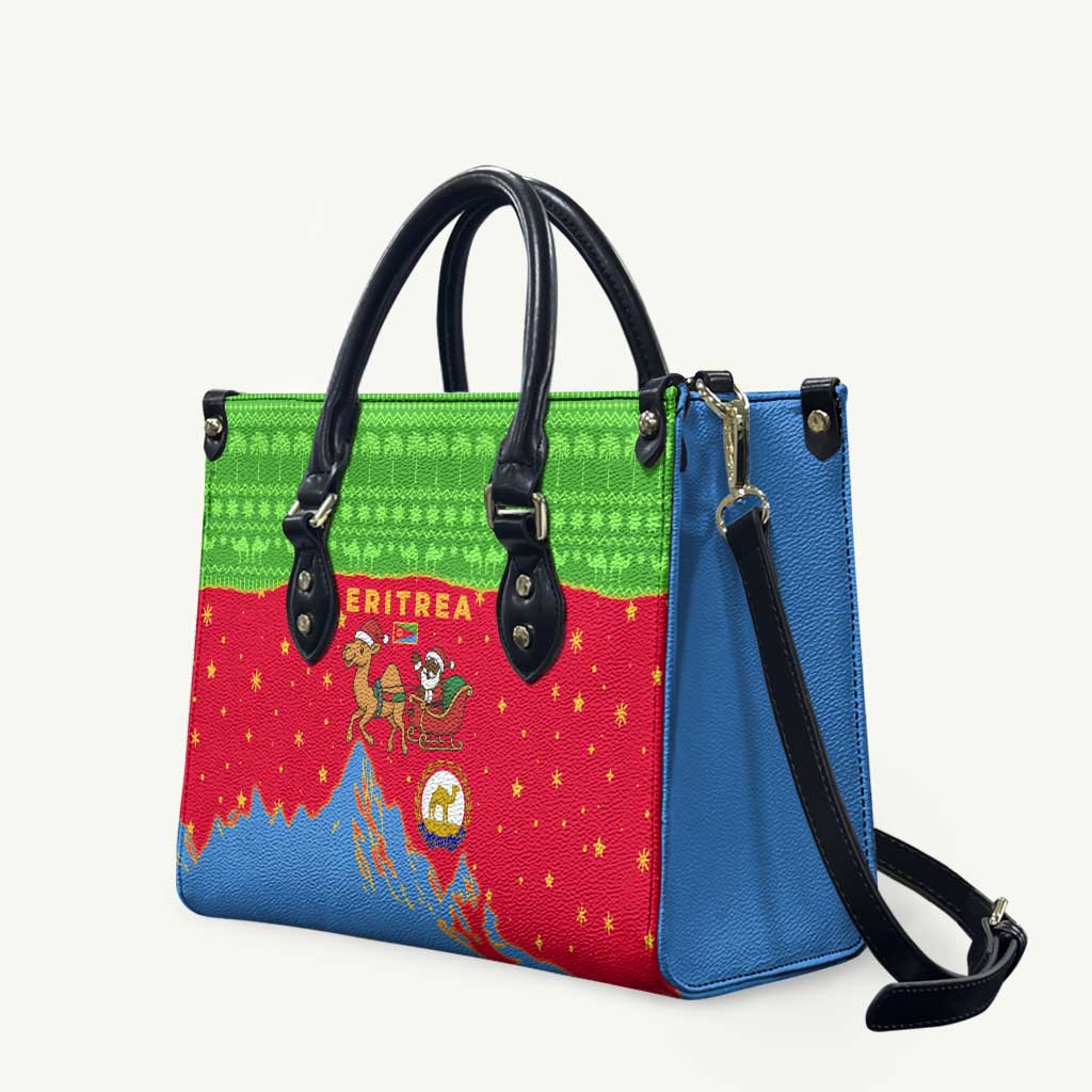 Eritrea Christmas Leather Bag with Santa Claus Camel Sleigh National Emblem and Red Green Blue Pattern - Wonder Print Shop
