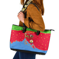 Eritrea Christmas Leather Tote Bag with Santa Claus Camel Sleigh National Emblem and Red Green Blue Pattern - Wonder Print Shop