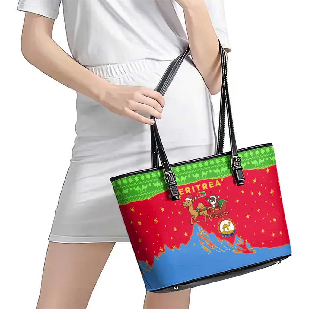 Eritrea Christmas Leather Tote Bag with Santa Claus Camel Sleigh National Emblem and Red Green Blue Pattern - Wonder Print Shop