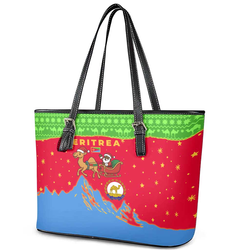 Eritrea Christmas Leather Tote Bag with Santa Claus Camel Sleigh National Emblem and Red Green Blue Pattern - Wonder Print Shop