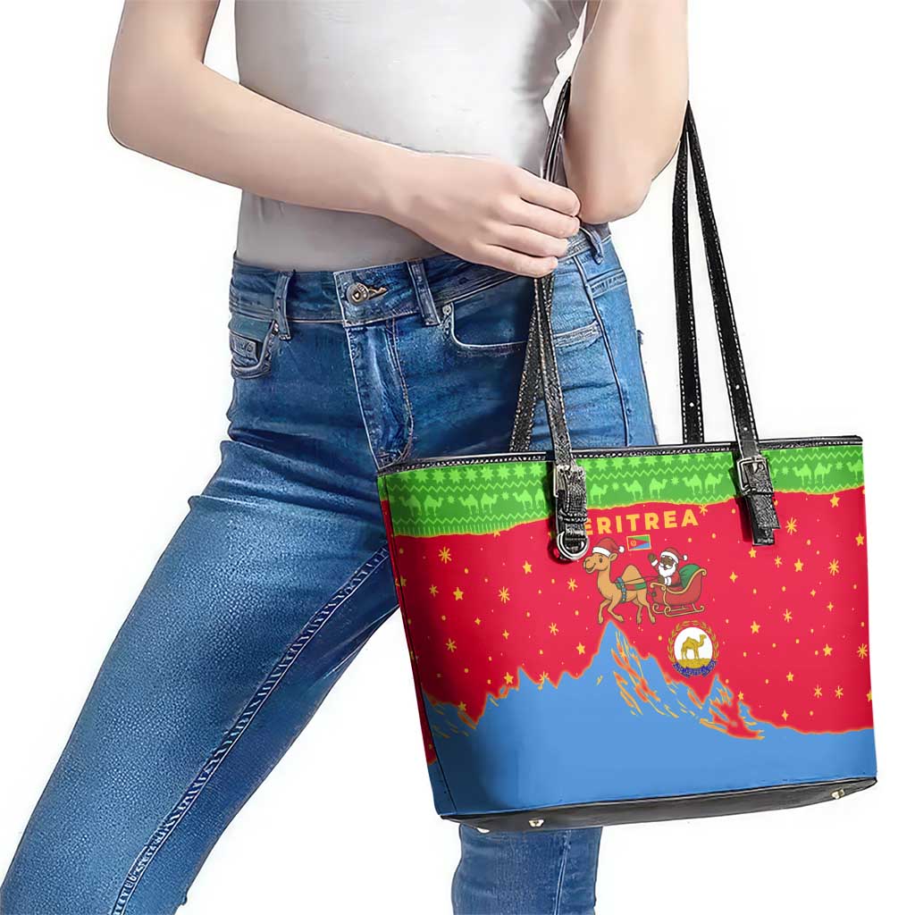 Eritrea Christmas Leather Tote Bag with Santa Claus Camel Sleigh National Emblem and Red Green Blue Pattern - Wonder Print Shop