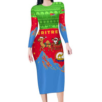 Eritrea Christmas Long Sleeve Bodycon Dress with Santa Claus Camel Sleigh National Emblem and Red Green Blue Pattern - Wonder Print Shop