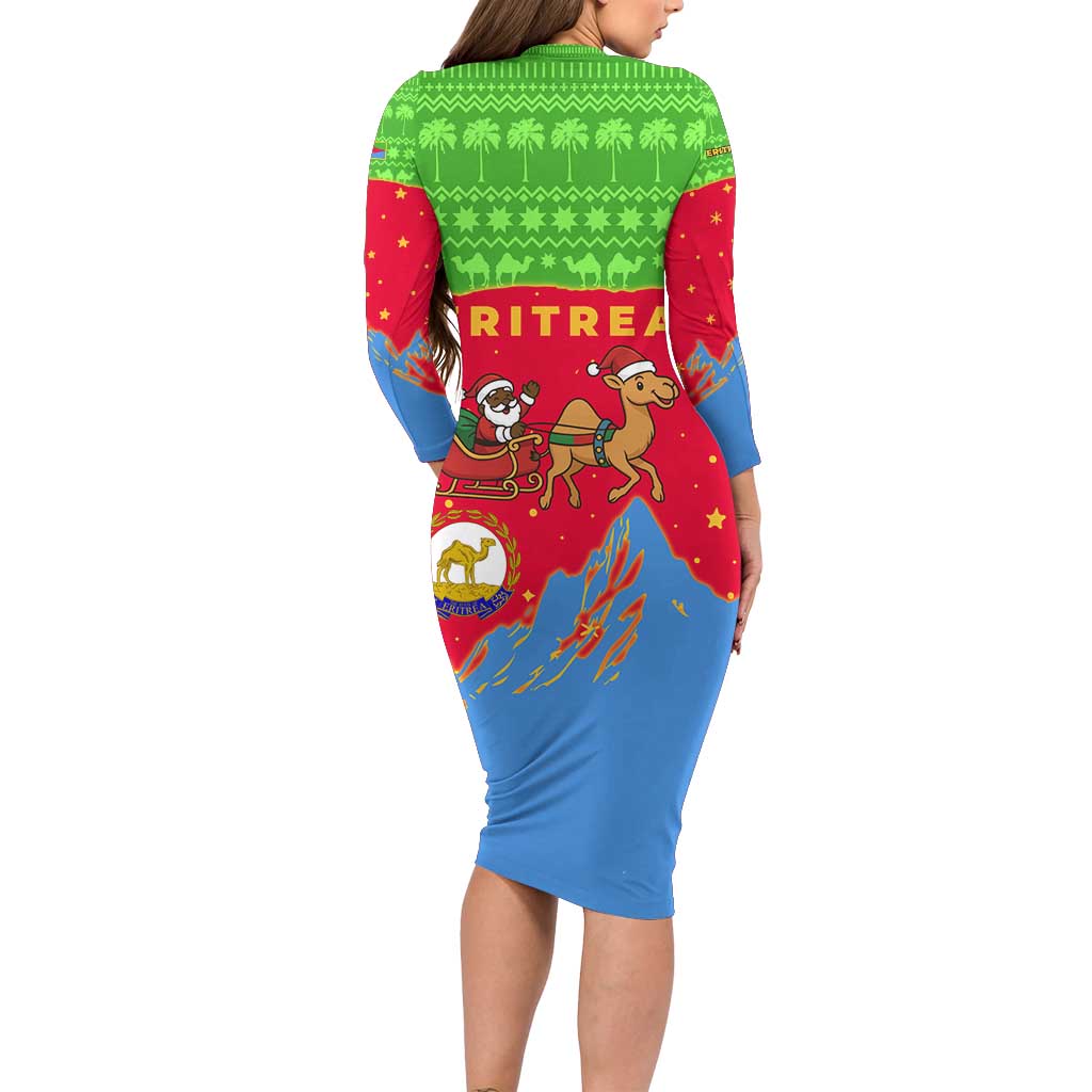 Eritrea Christmas Long Sleeve Bodycon Dress with Santa Claus Camel Sleigh National Emblem and Red Green Blue Pattern - Wonder Print Shop