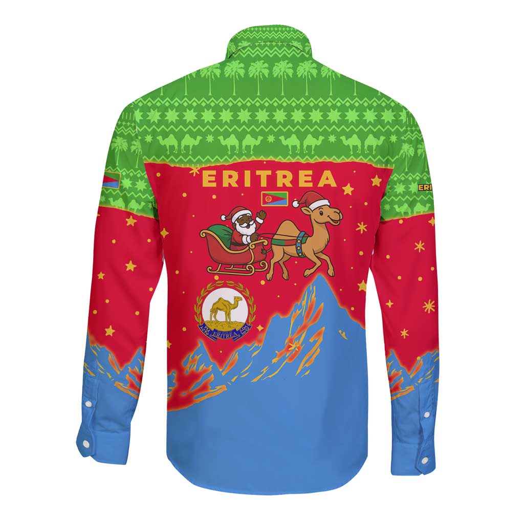 Eritrea Christmas Long Sleeve Button Shirt with Santa Claus Camel Sleigh National Emblem and Red Green Blue Pattern - Wonder Print Shop