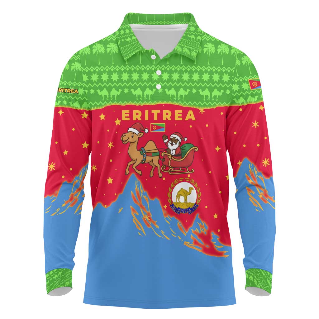 Eritrea Christmas Long Sleeve Polo Shirt with Santa Claus Camel Sleigh National Emblem and Red Green Blue Pattern - Wonder Print Shop