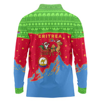Eritrea Christmas Long Sleeve Polo Shirt with Santa Claus Camel Sleigh National Emblem and Red Green Blue Pattern - Wonder Print Shop