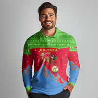 Eritrea Christmas Long Sleeve Polo Shirt with Santa Claus Camel Sleigh National Emblem and Red Green Blue Pattern - Wonder Print Shop