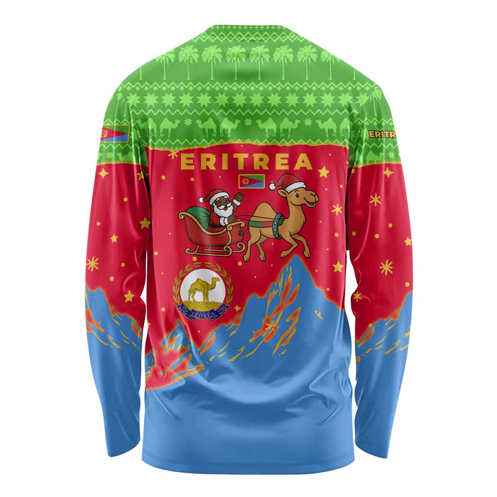Eritrea Christmas Long Sleeve Shirt with Santa Claus Camel Sleigh National Emblem and Red Green Blue Pattern - Wonder Print Shop
