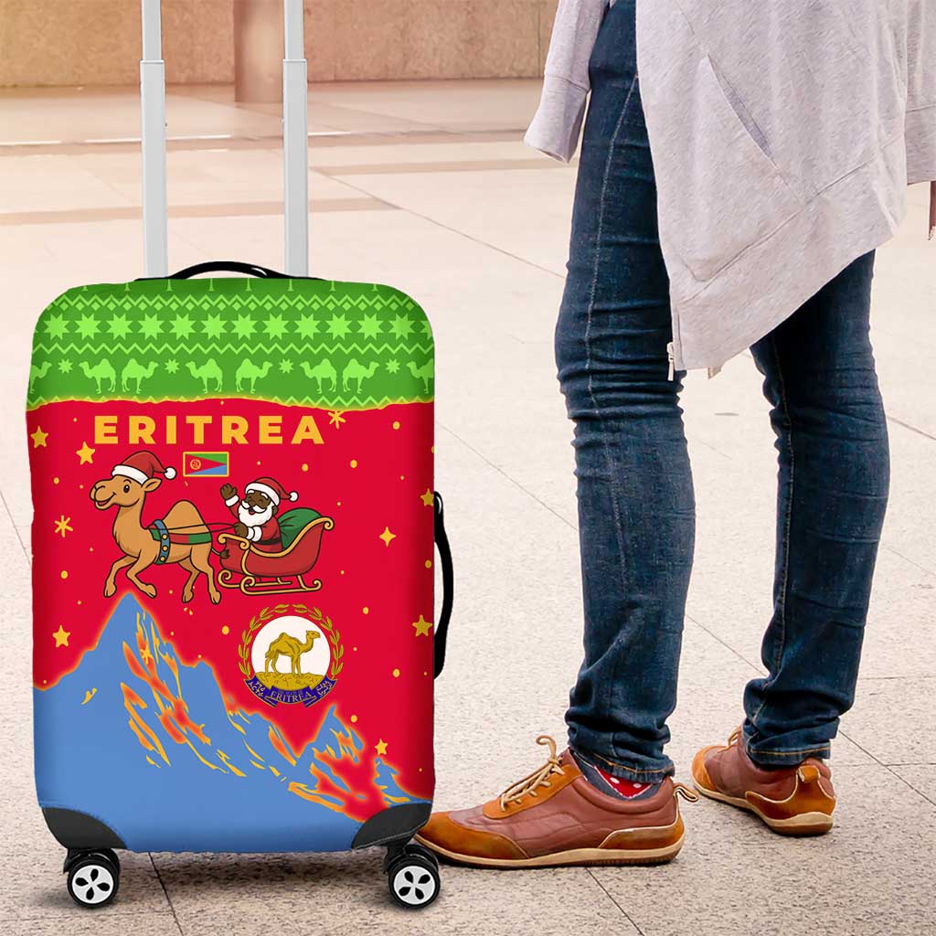 Eritrea Christmas Luggage Cover with Santa Claus Camel Sleigh National Emblem and Red Green Blue Pattern - Wonder Print Shop