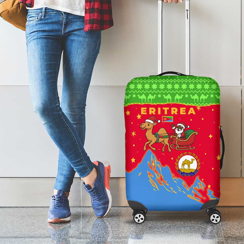 Eritrea Christmas Luggage Cover with Santa Claus Camel Sleigh National Emblem and Red Green Blue Pattern - Wonder Print Shop