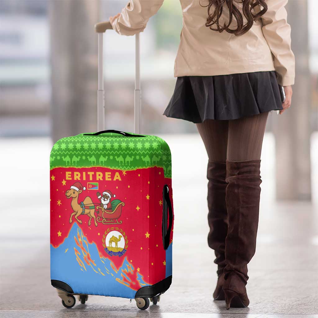 Eritrea Christmas Luggage Cover with Santa Claus Camel Sleigh National Emblem and Red Green Blue Pattern - Wonder Print Shop