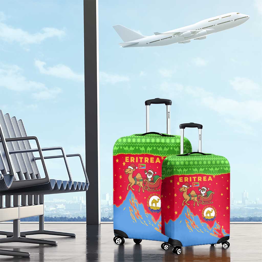 Eritrea Christmas Luggage Cover with Santa Claus Camel Sleigh National Emblem and Red Green Blue Pattern - Wonder Print Shop