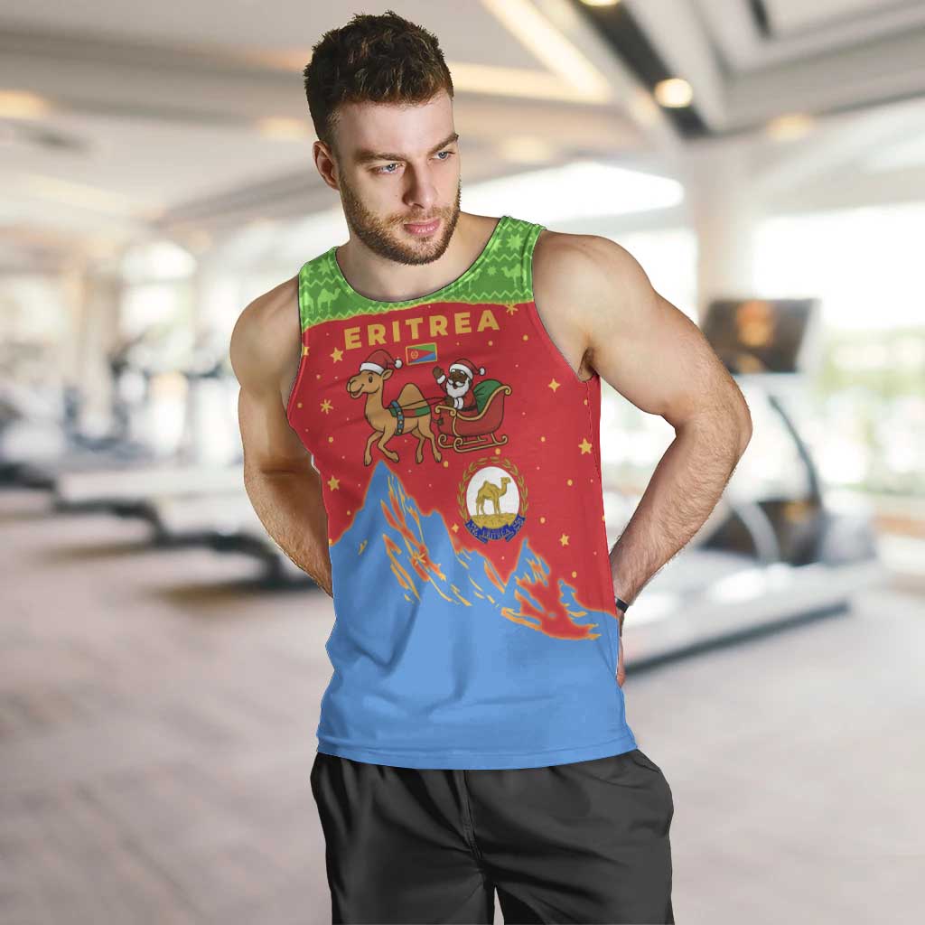 Eritrea Christmas Men Tank Top with Santa Claus Camel Sleigh National Emblem and Red Green Blue Pattern - Wonder Print Shop