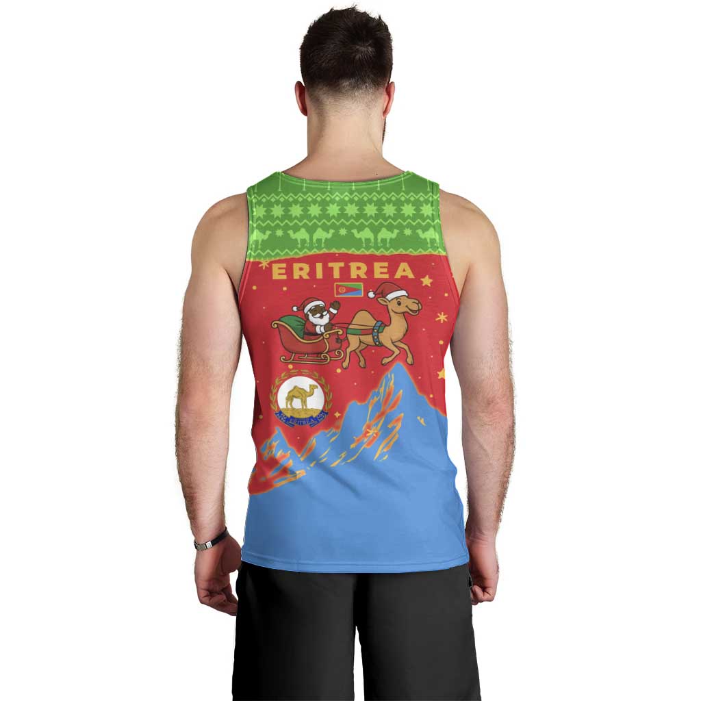Eritrea Christmas Men Tank Top with Santa Claus Camel Sleigh National Emblem and Red Green Blue Pattern - Wonder Print Shop