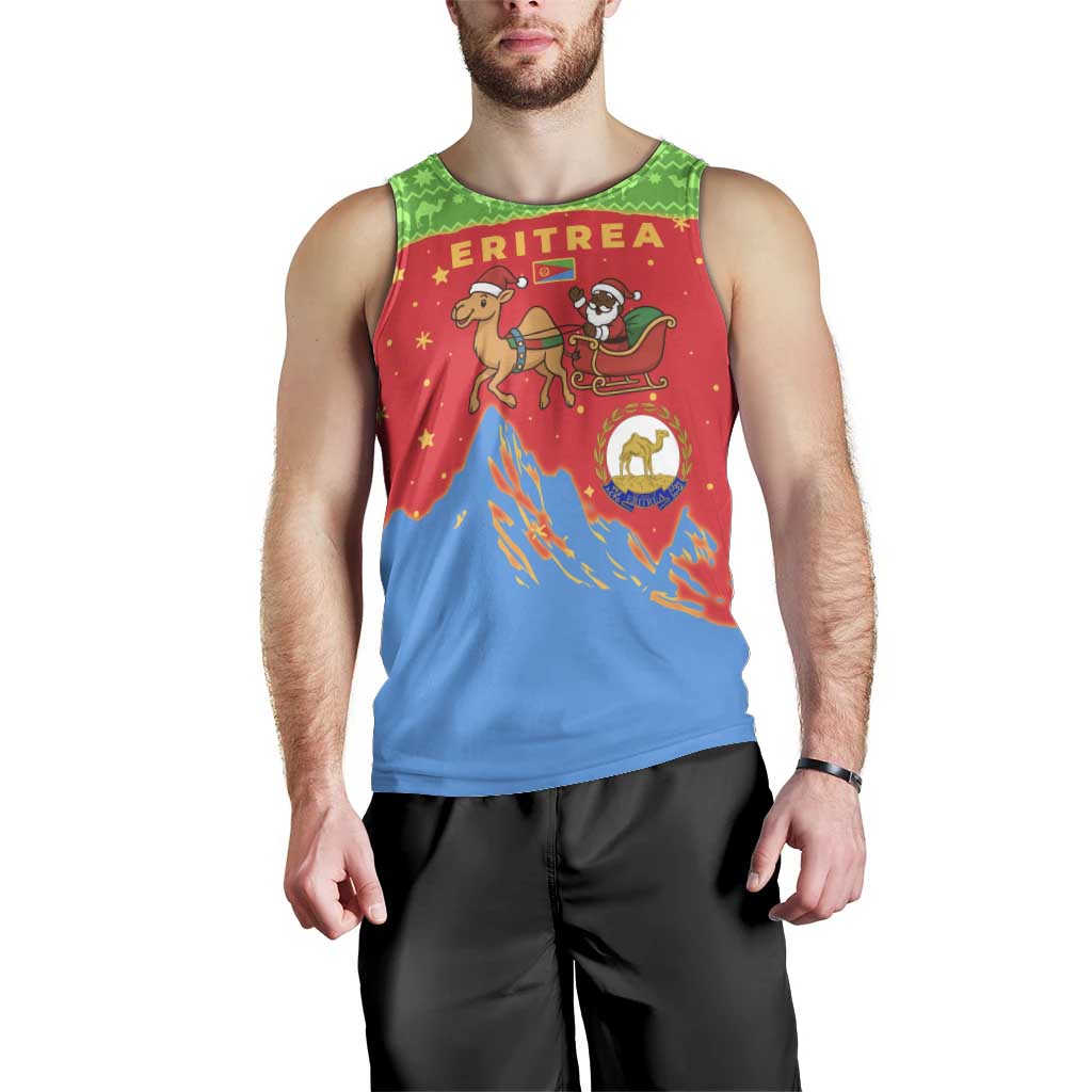 Eritrea Christmas Men Tank Top with Santa Claus Camel Sleigh National Emblem and Red Green Blue Pattern - Wonder Print Shop