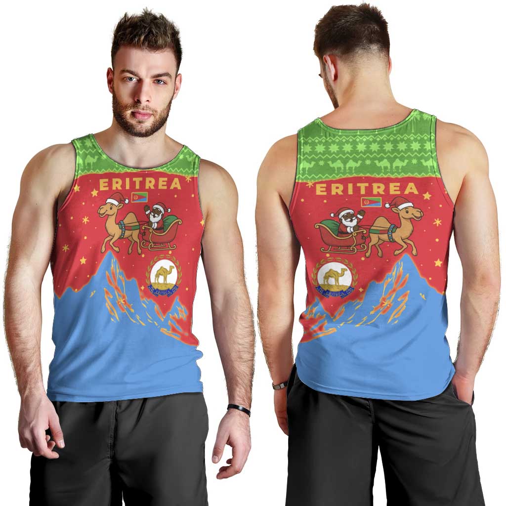 Eritrea Christmas Men Tank Top with Santa Claus Camel Sleigh National Emblem and Red Green Blue Pattern - Wonder Print Shop