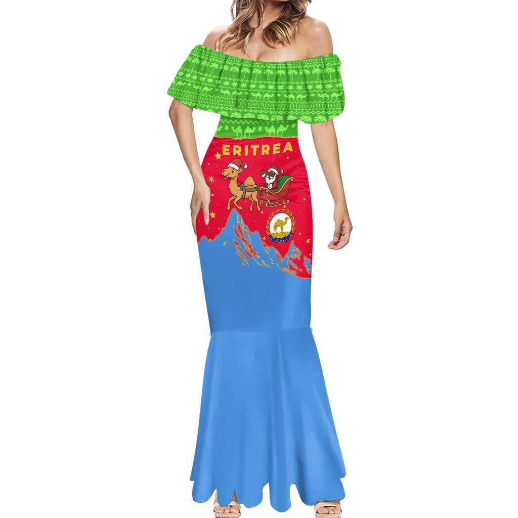 Eritrea Christmas Mermaid Dress with Santa Claus Camel Sleigh National Emblem and Red Green Blue Pattern - Wonder Print Shop