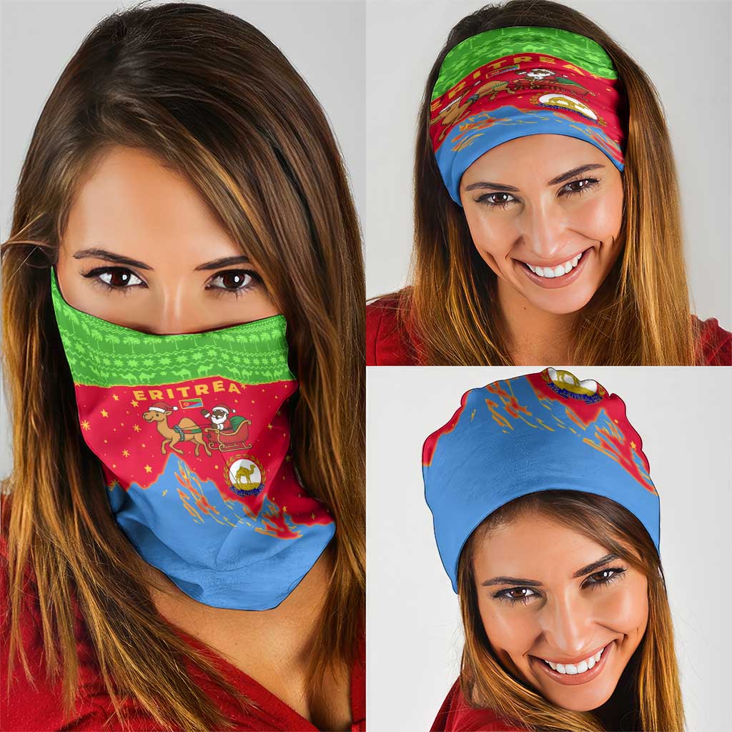 Eritrea Christmas Neck Gaiter with Santa Claus Camel Sleigh National Emblem and Red Green Blue Pattern - Wonder Print Shop