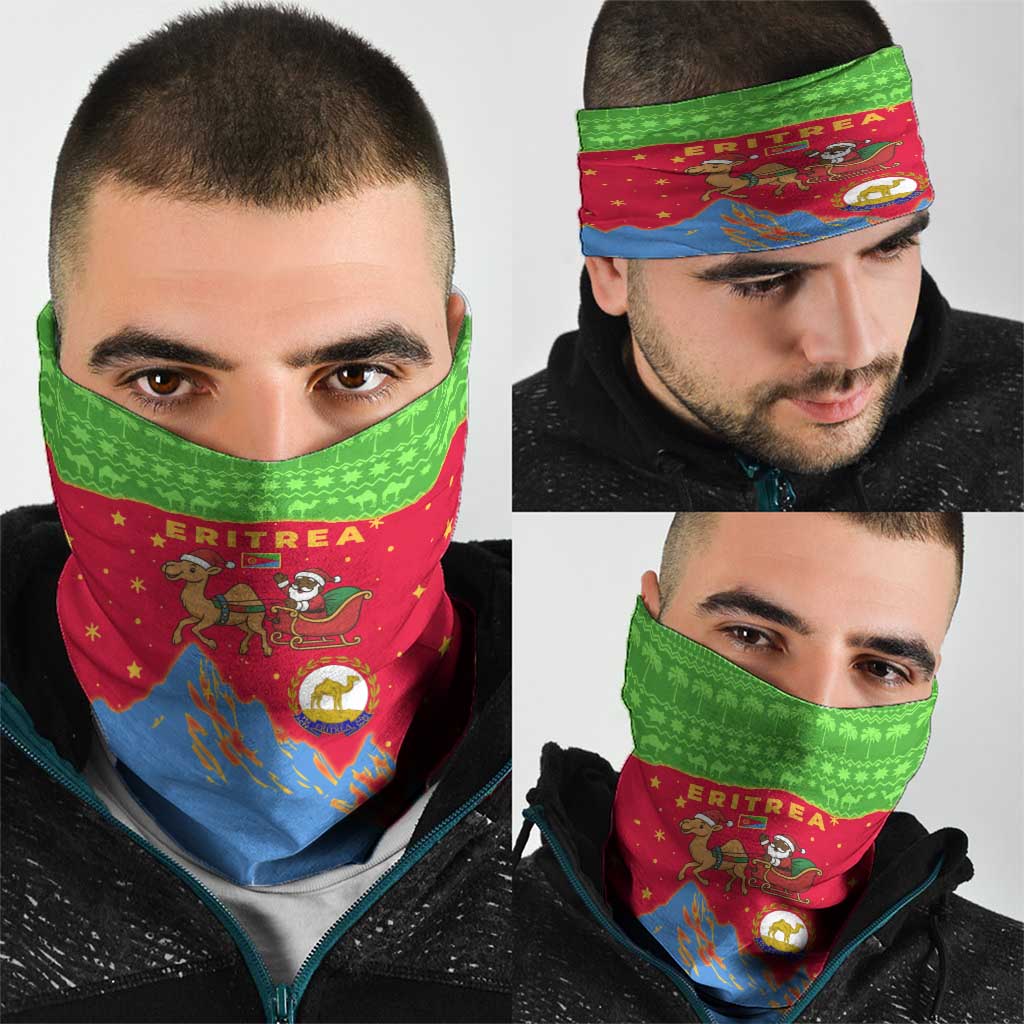 Eritrea Christmas Neck Gaiter with Santa Claus Camel Sleigh National Emblem and Red Green Blue Pattern - Wonder Print Shop