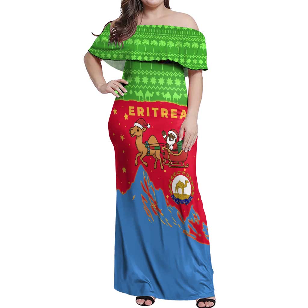 Eritrea Christmas Off Shoulder Maxi Dress with Santa Claus Camel Sleigh National Emblem and Red Green Blue Pattern - Wonder Print Shop