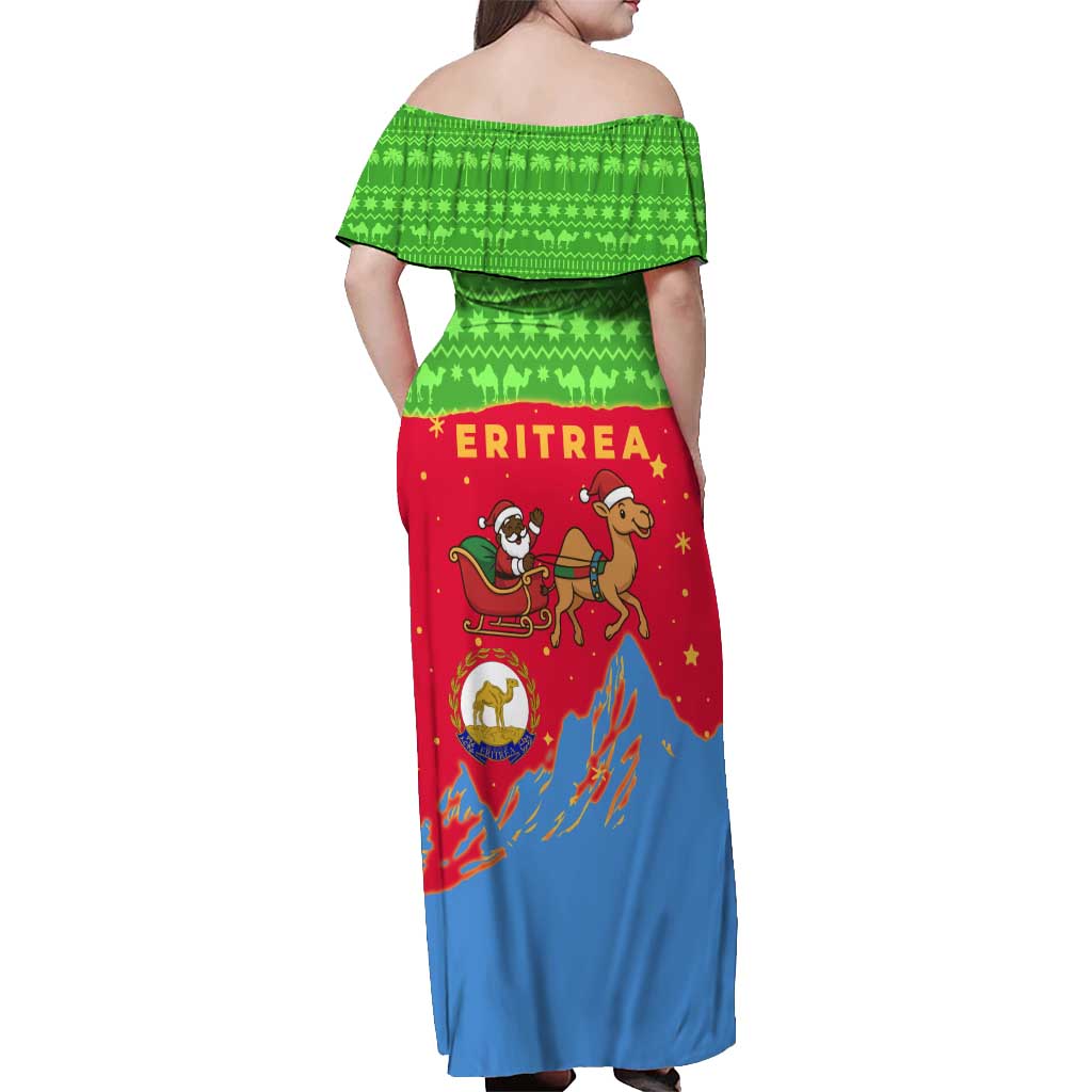 Eritrea Christmas Off Shoulder Maxi Dress with Santa Claus Camel Sleigh National Emblem and Red Green Blue Pattern - Wonder Print Shop