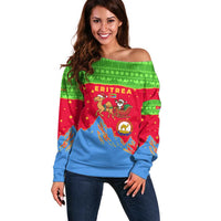 Eritrea Christmas Off Shoulder Sweater with Santa Claus Camel Sleigh National Emblem and Red Green Blue Pattern - Wonder Print Shop