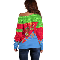 Eritrea Christmas Off Shoulder Sweater with Santa Claus Camel Sleigh National Emblem and Red Green Blue Pattern - Wonder Print Shop