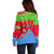 Eritrea Christmas Off Shoulder Sweater with Santa Claus Camel Sleigh National Emblem and Red Green Blue Pattern - Wonder Print Shop