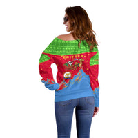Eritrea Christmas Off Shoulder Sweater with Santa Claus Camel Sleigh National Emblem and Red Green Blue Pattern - Wonder Print Shop