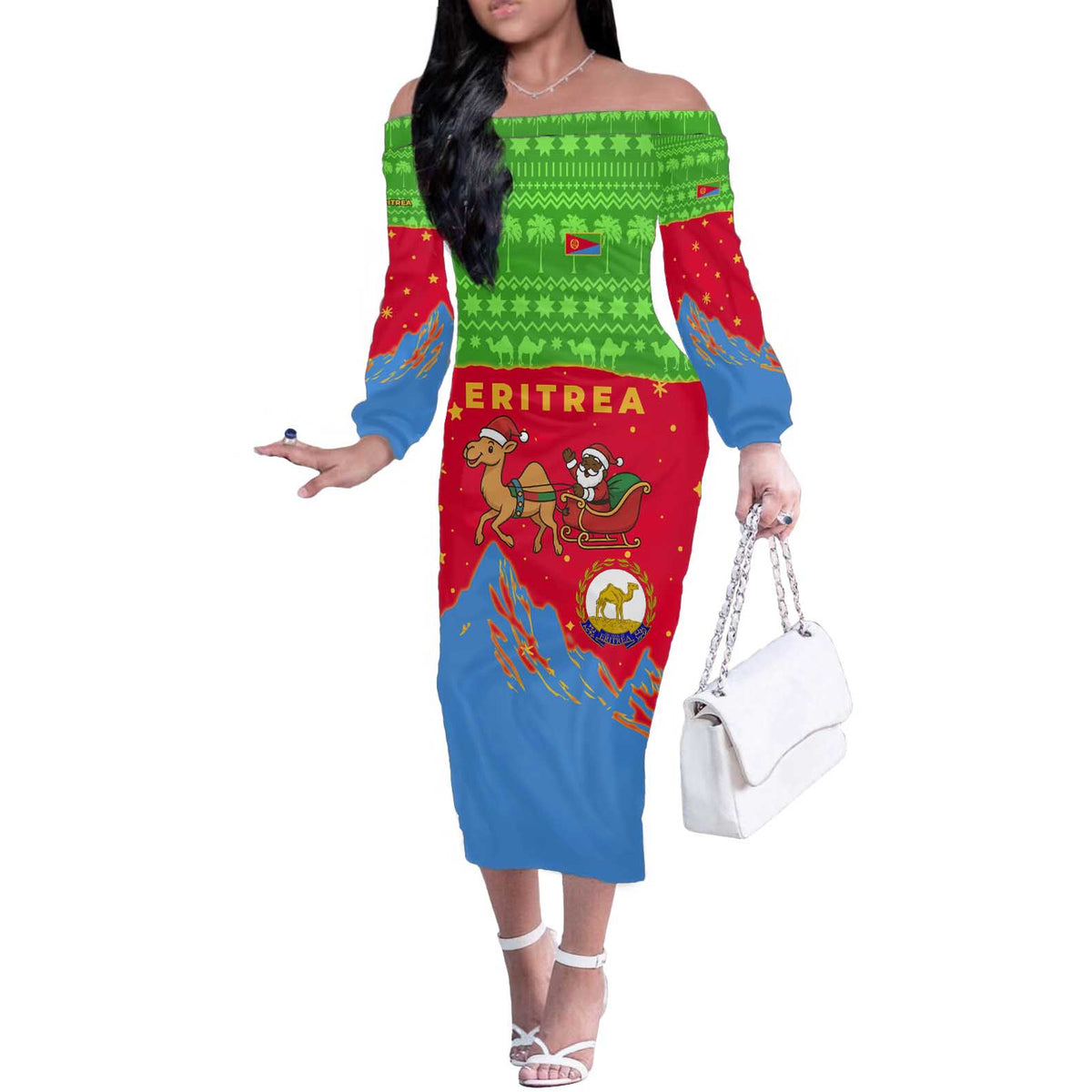 Eritrea Christmas Off The Shoulder Long Sleeve Dress with Santa Claus Camel Sleigh National Emblem and Red Green Blue Pattern - Wonder Print Shop