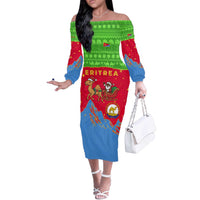 Eritrea Christmas Off The Shoulder Long Sleeve Dress with Santa Claus Camel Sleigh National Emblem and Red Green Blue Pattern - Wonder Print Shop